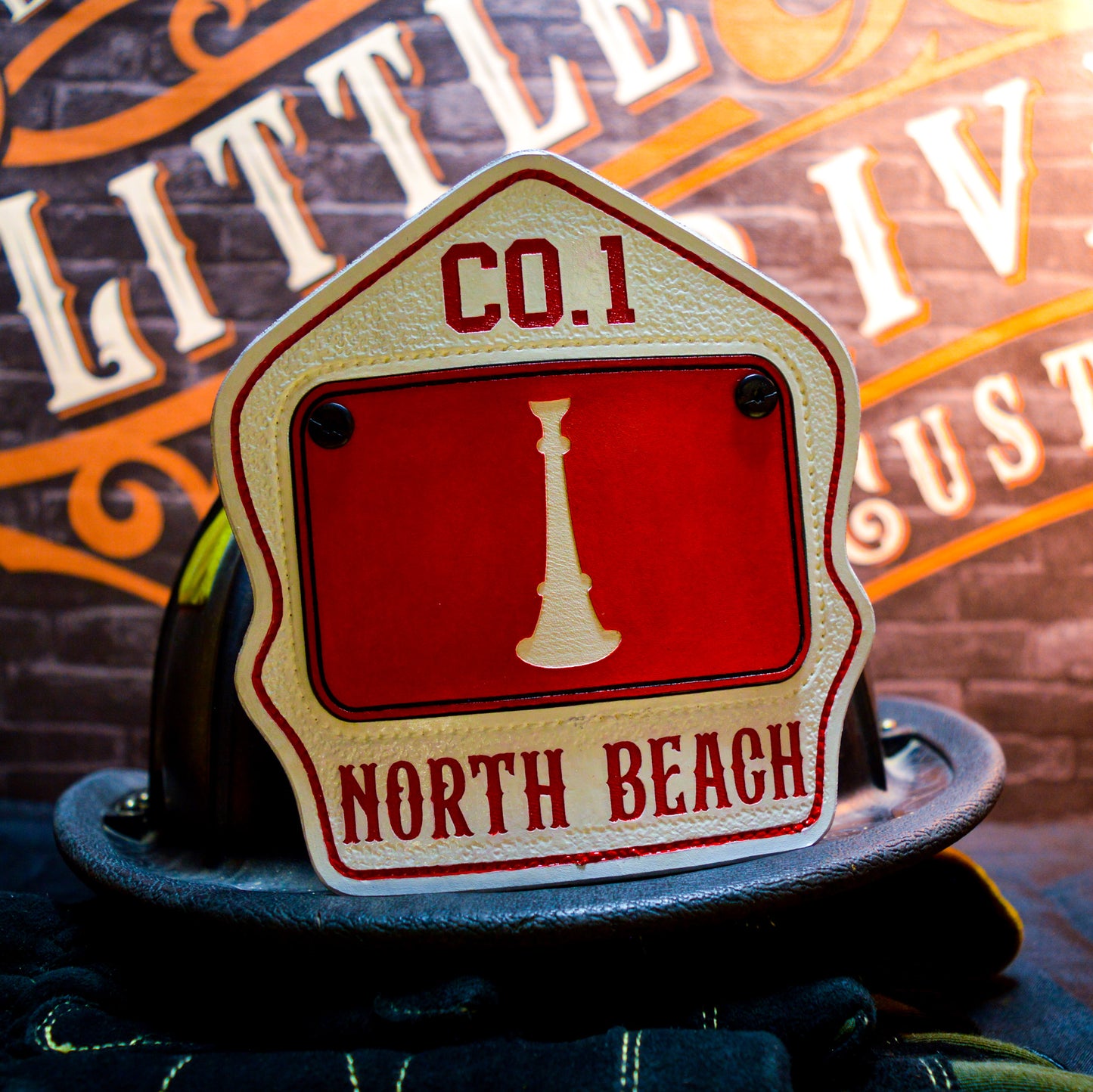 Personalized firefighter helmet shield in passport style with bold number, custom name, and clean line layout for rank, station, or company"