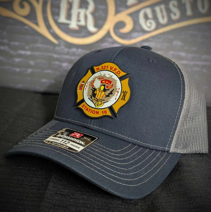 Custom firefighter hats with leather patch on Richardson 112 for your fire department