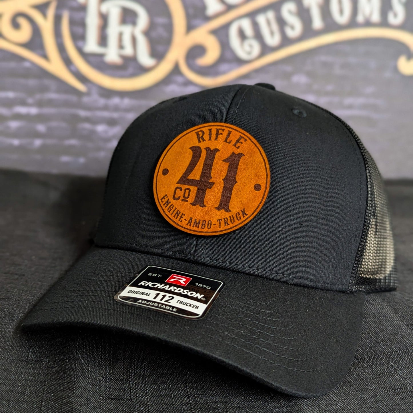Firefighter leather patch hat – featuring a bold circular design on Richardson hat