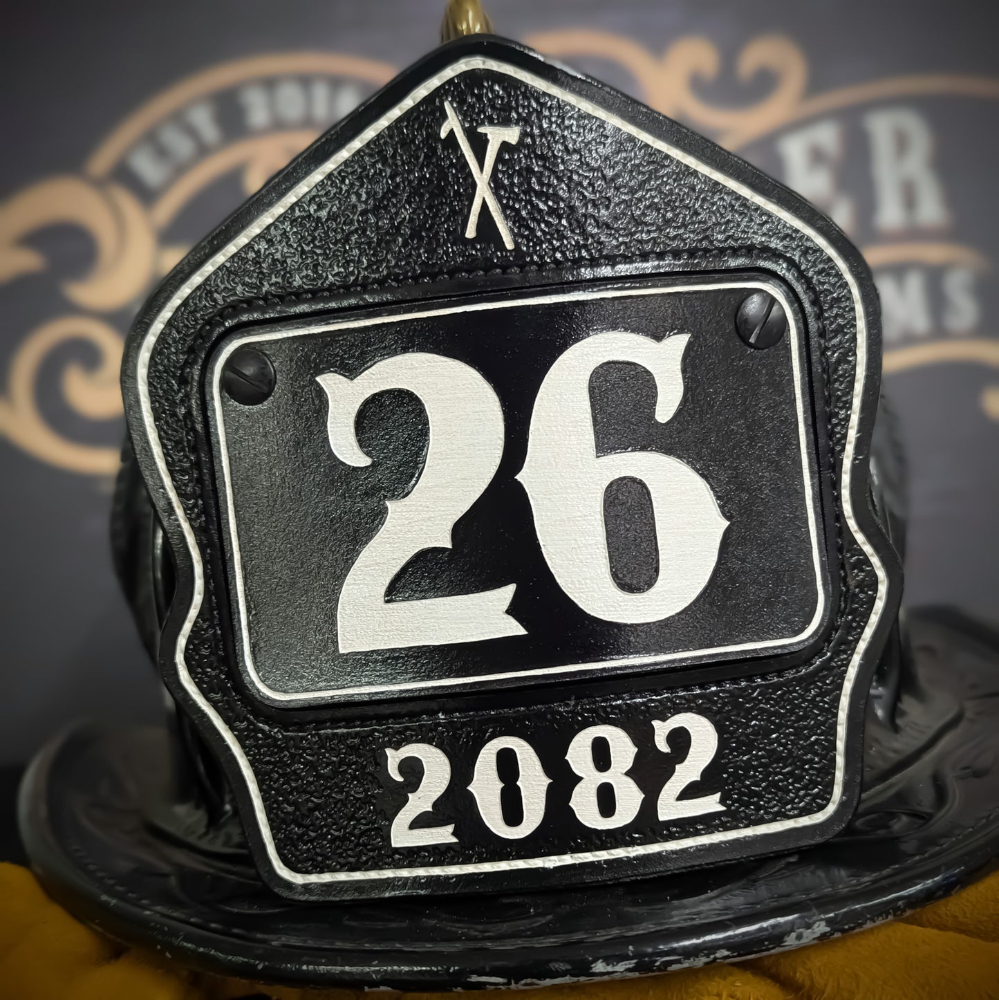 Personalized firefighter helmet shield in passport style with bold number, custom name, and clean line layout for rank, station, or company"