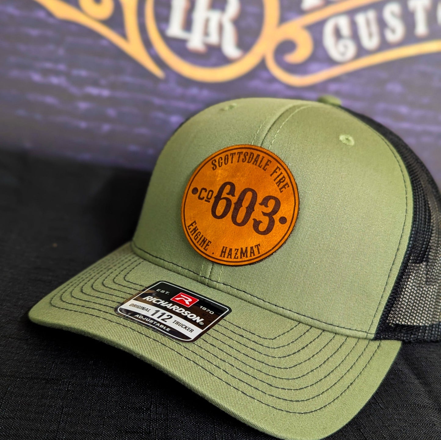 Durable custom hat for firefighters – round leather patch front and center