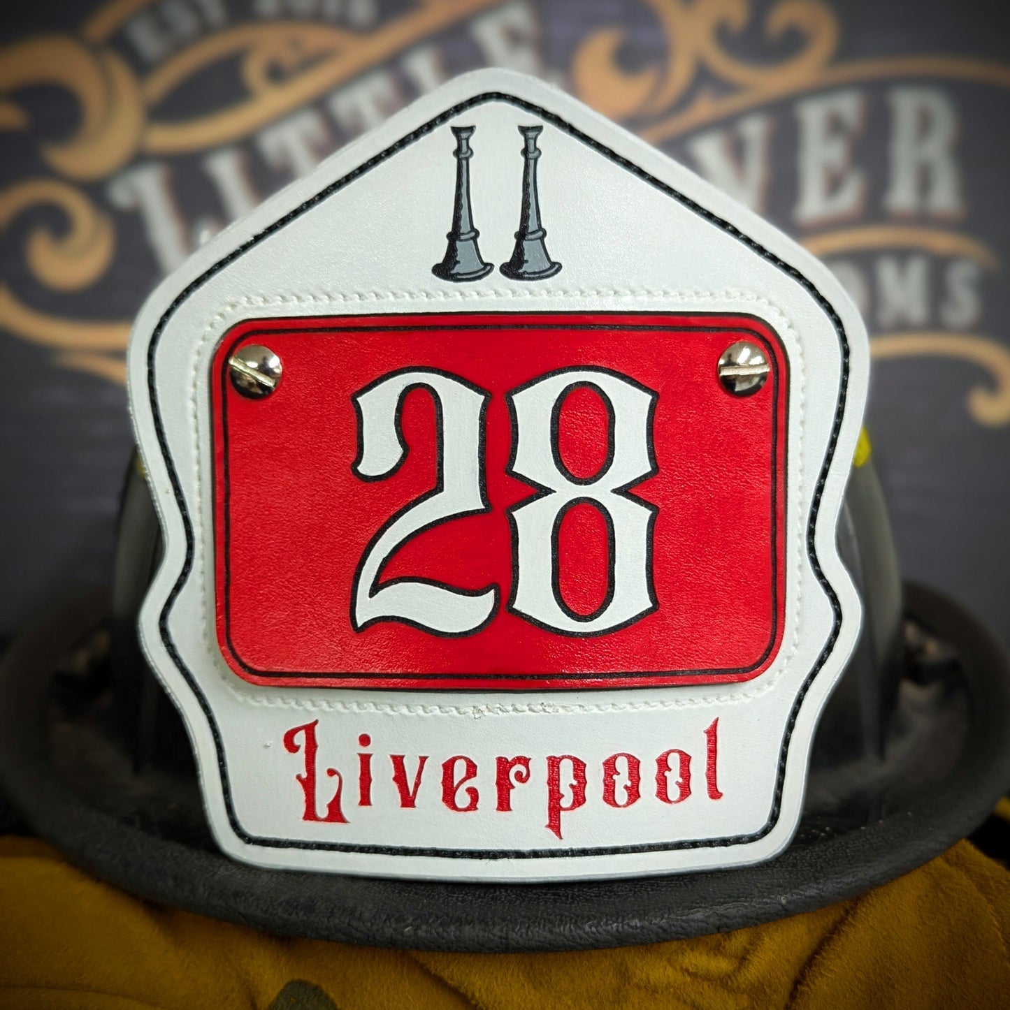 Personalized firefighter helmet shield in passport style with bold number, custom name, and clean line layout for rank, station, or company"