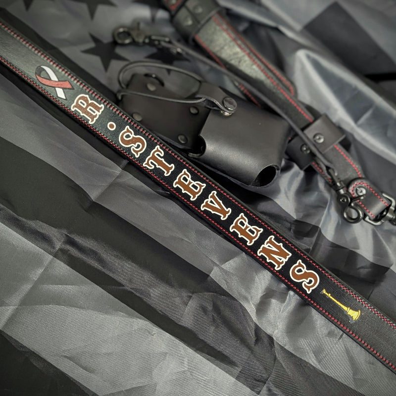 Personalized leather firefighter radio strap with adjustable fit and rugged construction