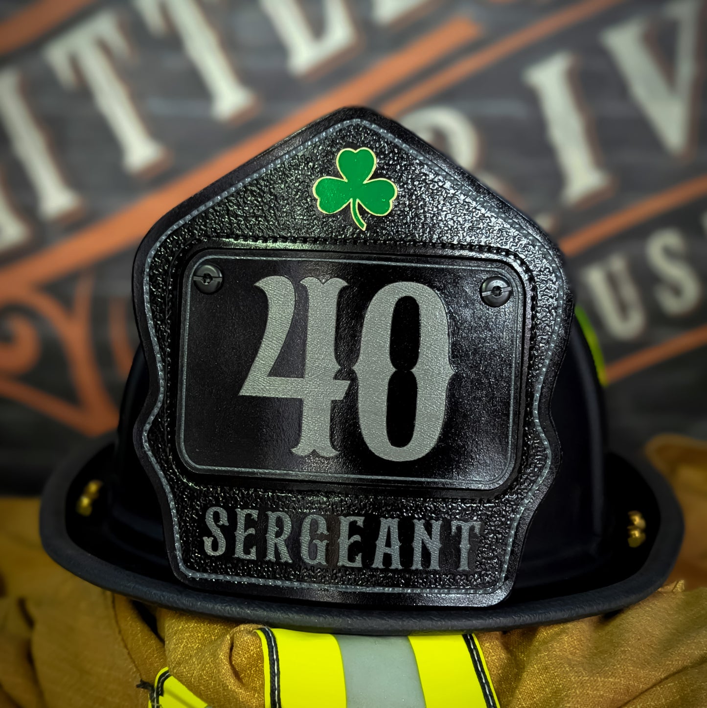 Personalized firefighter helmet shield in passport style with bold number, custom name, and clean line layout for rank, station, or company"