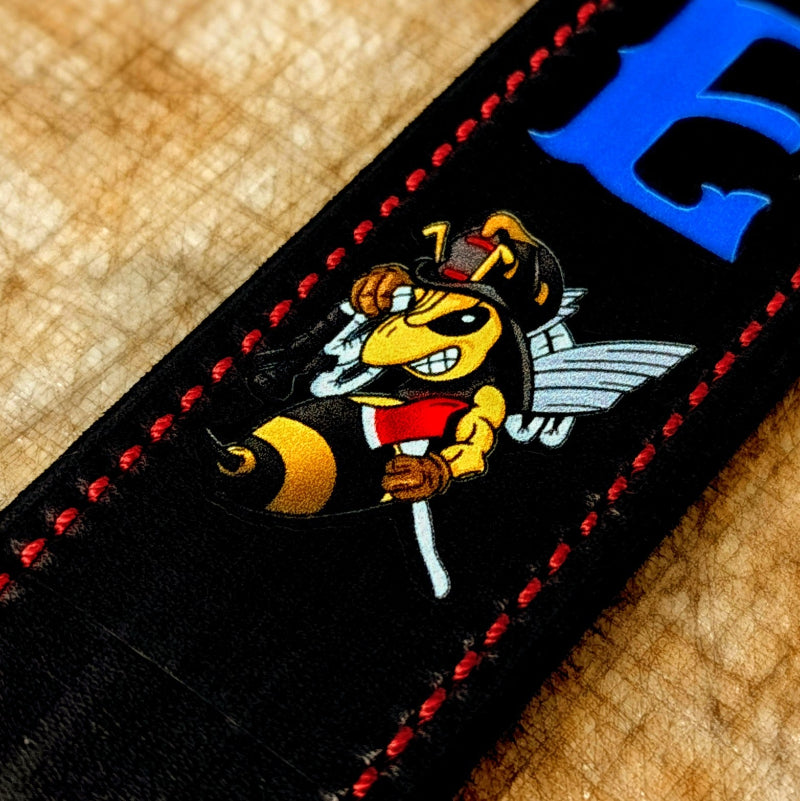 Personalized leather firefighter radio strap with adjustable fit and rugged construction