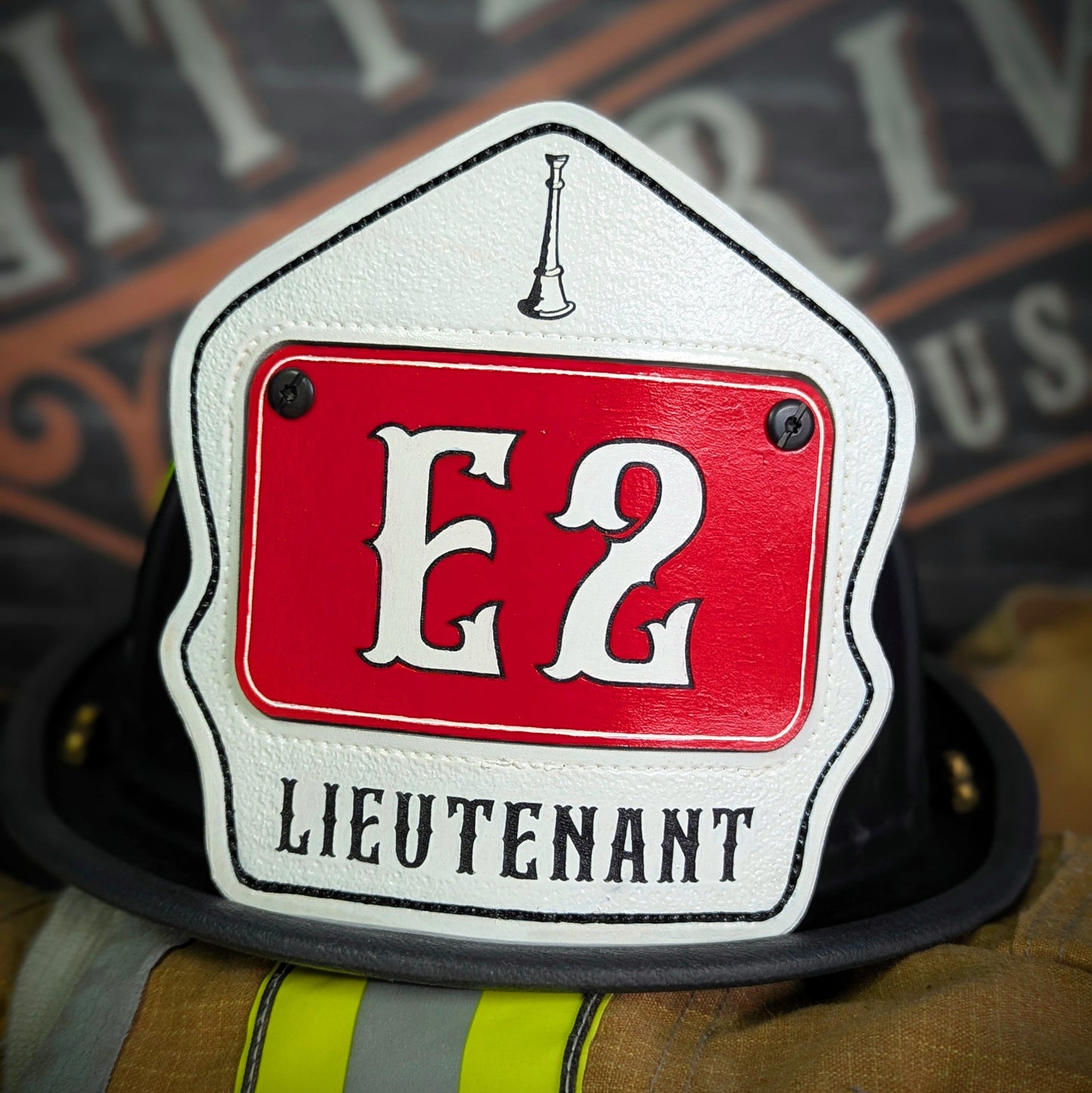 Personalized firefighter helmet shield in passport style with bold number, custom name, and clean line layout for rank, station, or company"