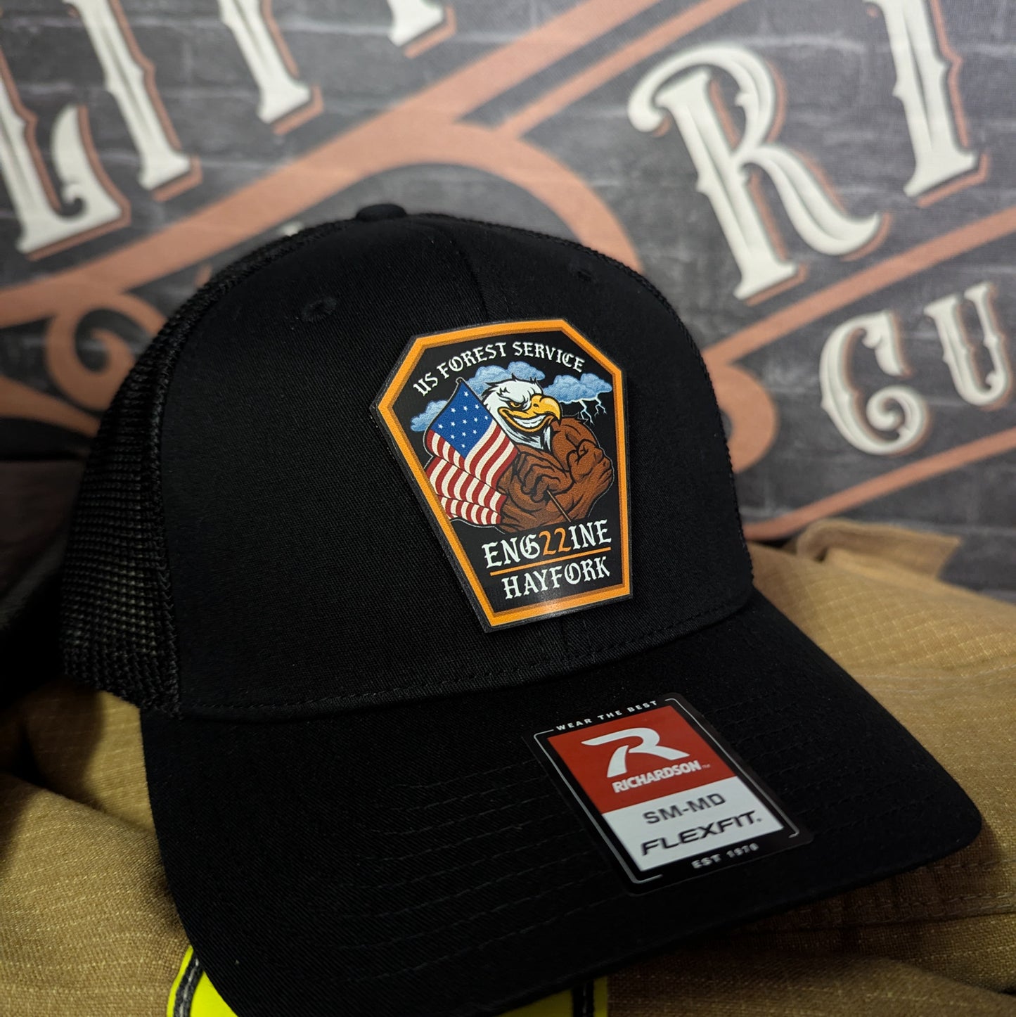 Custom firefighter hats with leather patch on Richardson 112 for your fire department