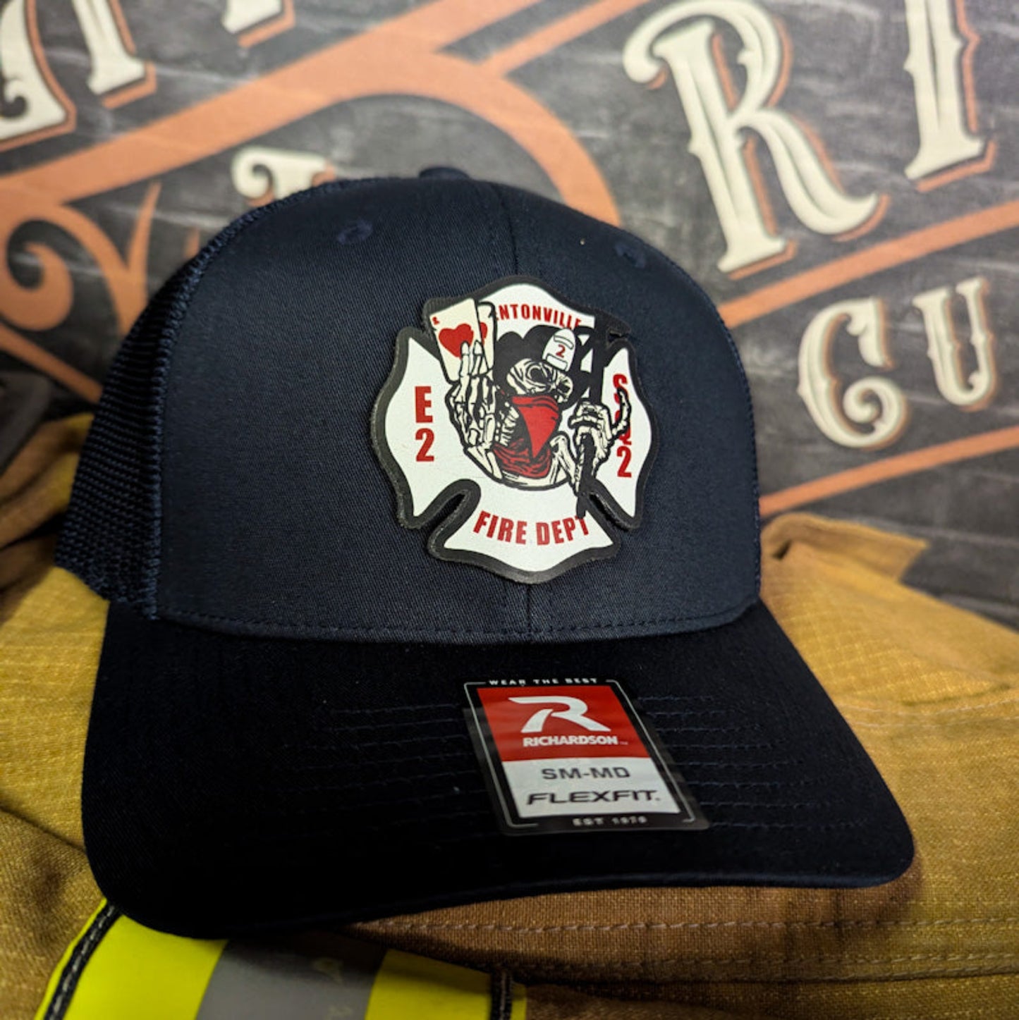 Custom firefighter hats with leather patch on Richardson 112 for your fire department