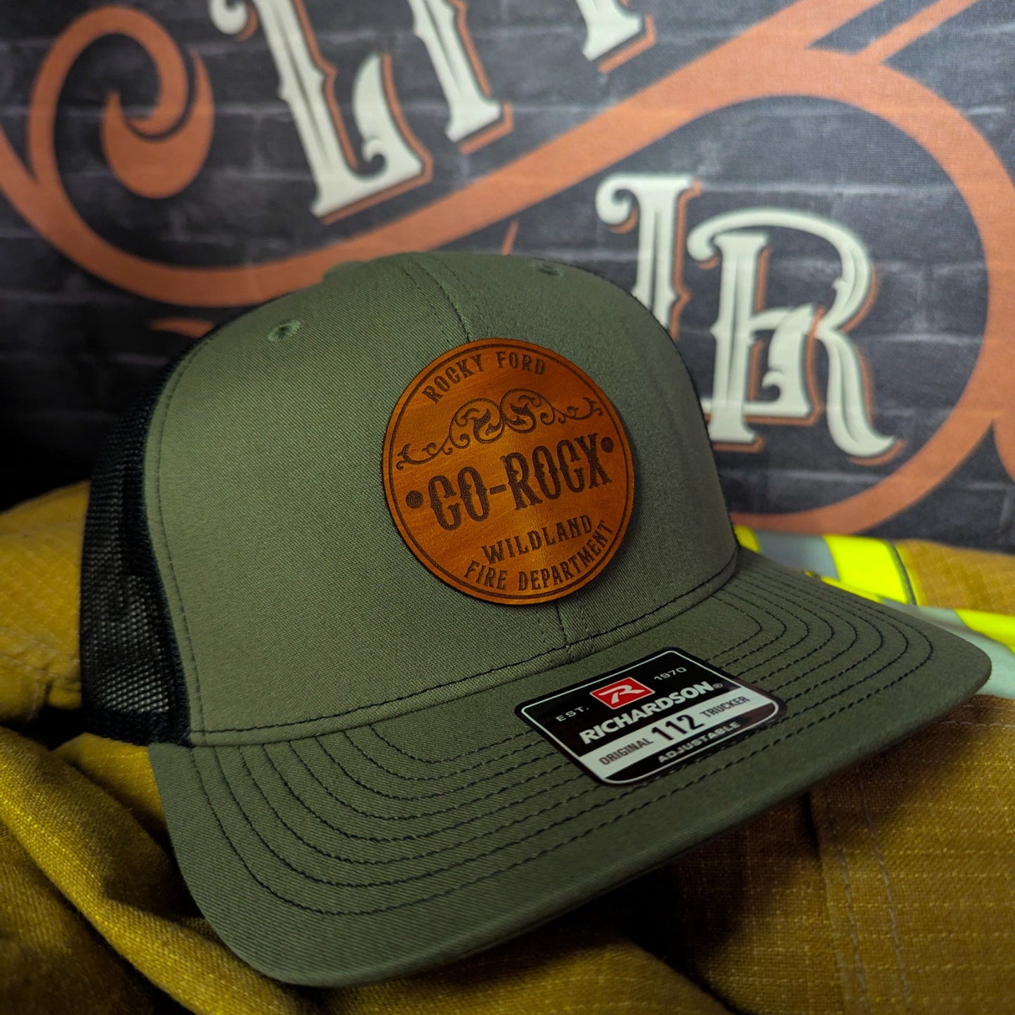 Custom Richardson firefighter hats with real leather patches, personalized for fire departments, stations, and first responders