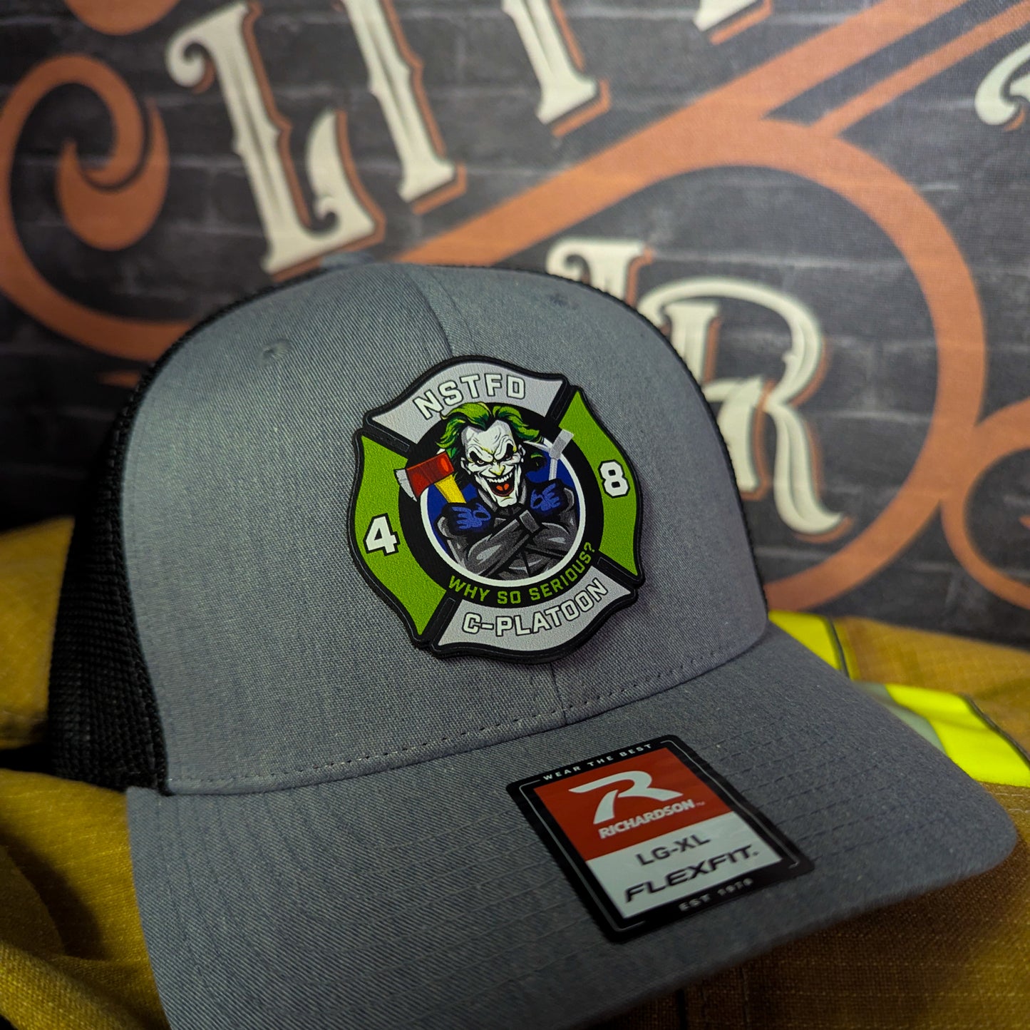 Custom Richardson firefighter hats with real leather patches, personalized for fire departments, stations, and first responders