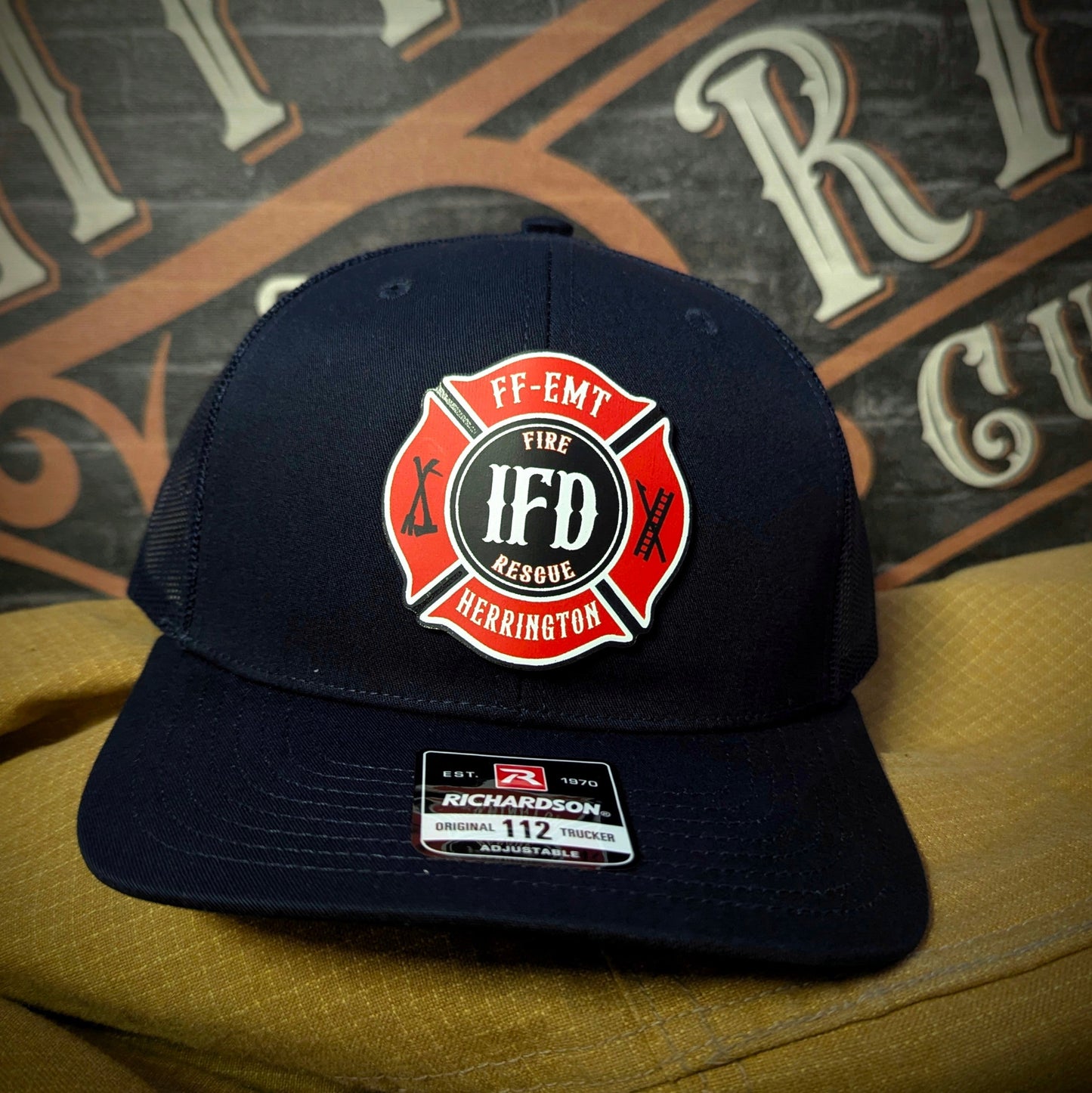 Custom firefighter hat with handcrafted leather patch, personalized with fire department name, station number, or logo