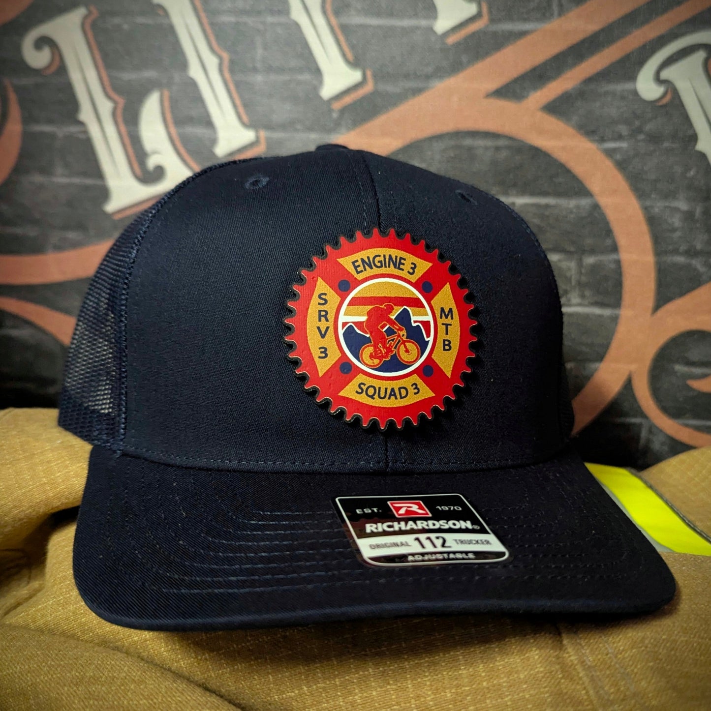 Custom firefighter hat with handcrafted leather patch, personalized with fire department name, station number, or logo