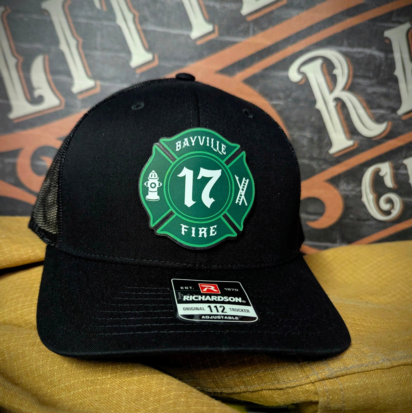 Custom firefighter hat with handcrafted leather patch, personalized with fire department name, station number, or logo