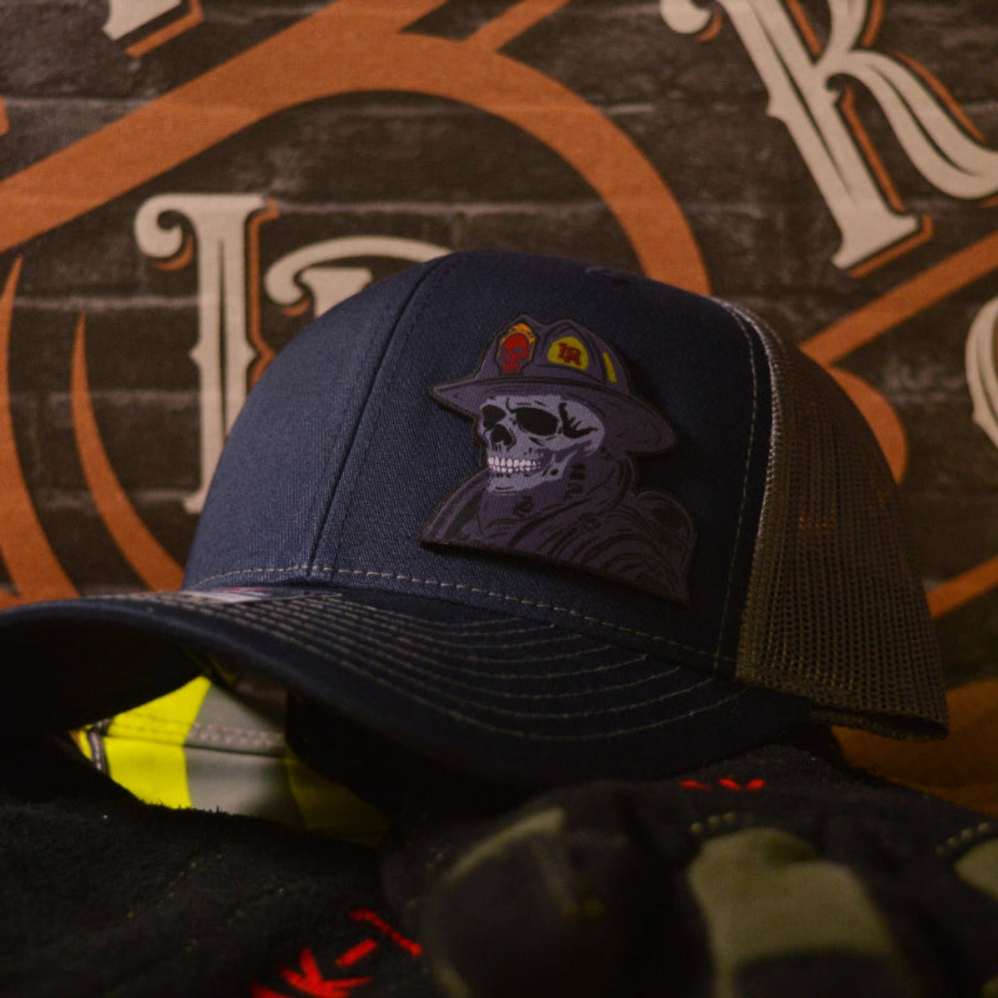 Firefighter skeleton leather patch hat – Richardson brand with custom skull fire helmet design