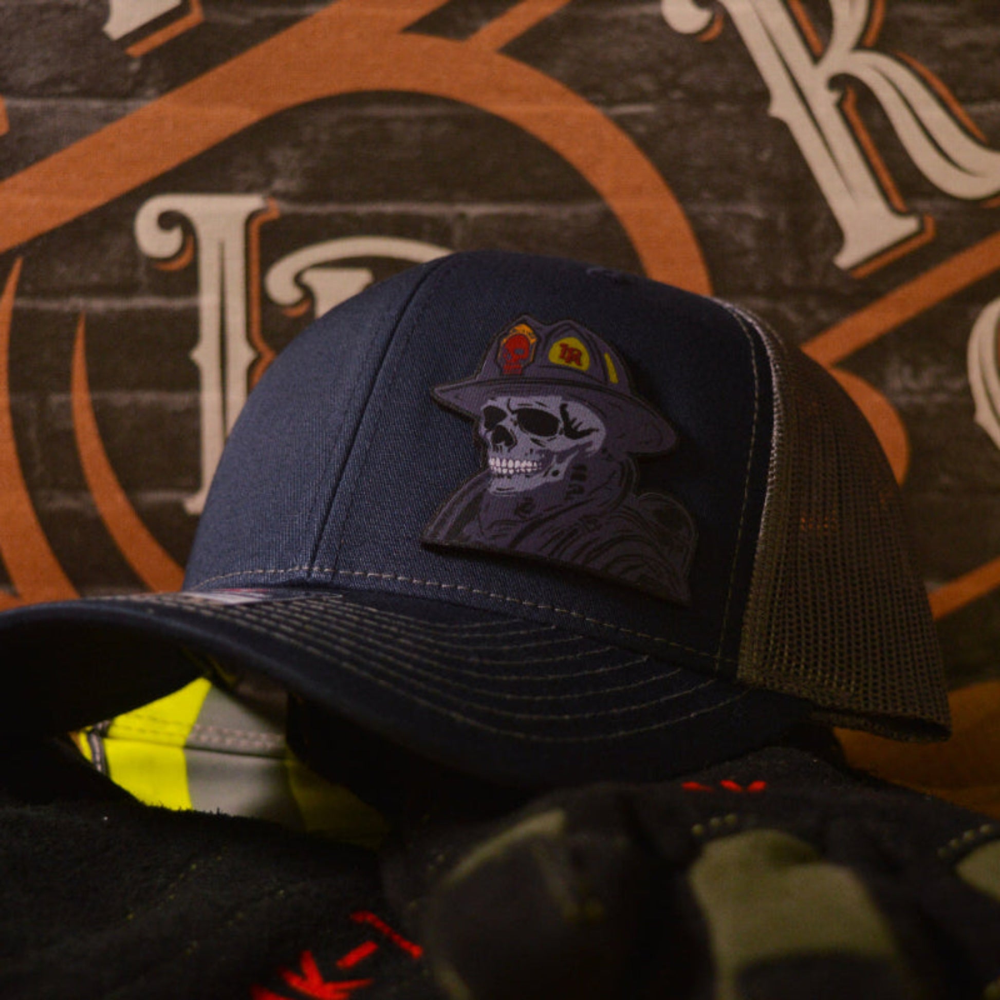 Firefighter skeleton leather patch hat – Richardson brand with custom skull fire helmet design