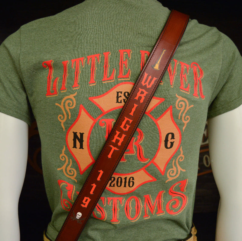 Personalized leather firefighter radio strap with adjustable fit and rugged construction