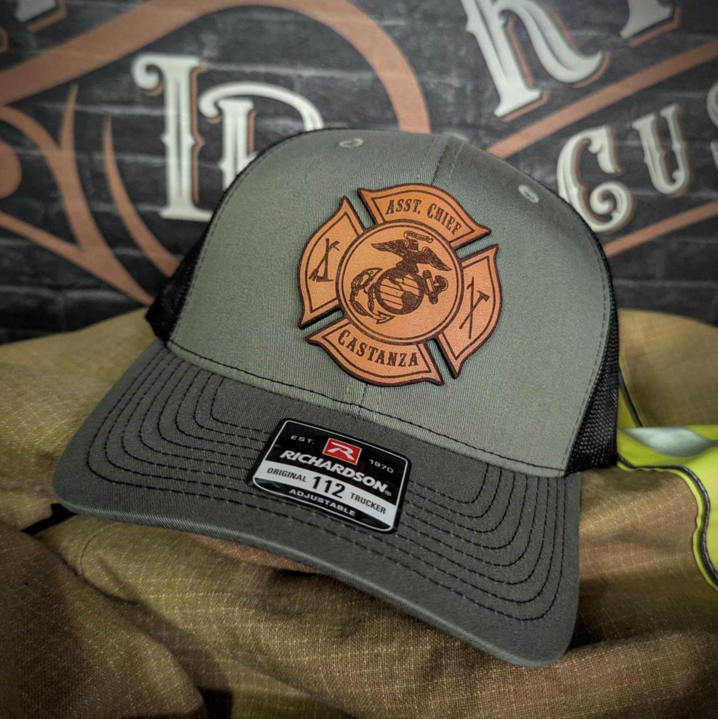 Richardson firefighter hat with classic Maltese cross leather patch