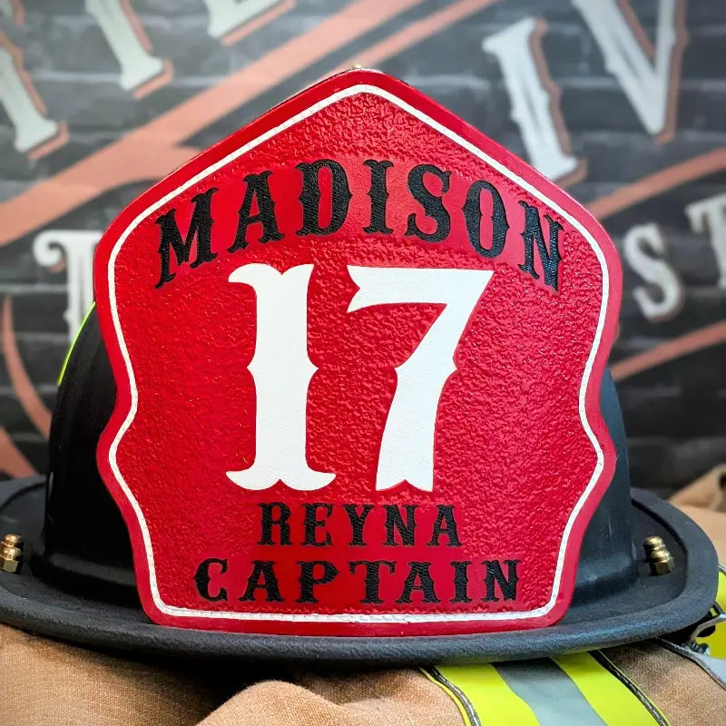 bare bones firefighter helmet shield handcrafted full grain leather with simple custom layout for name and number