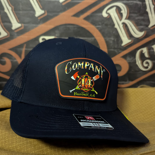 Custom firefighter hat showing Buford Company 14 logo patch