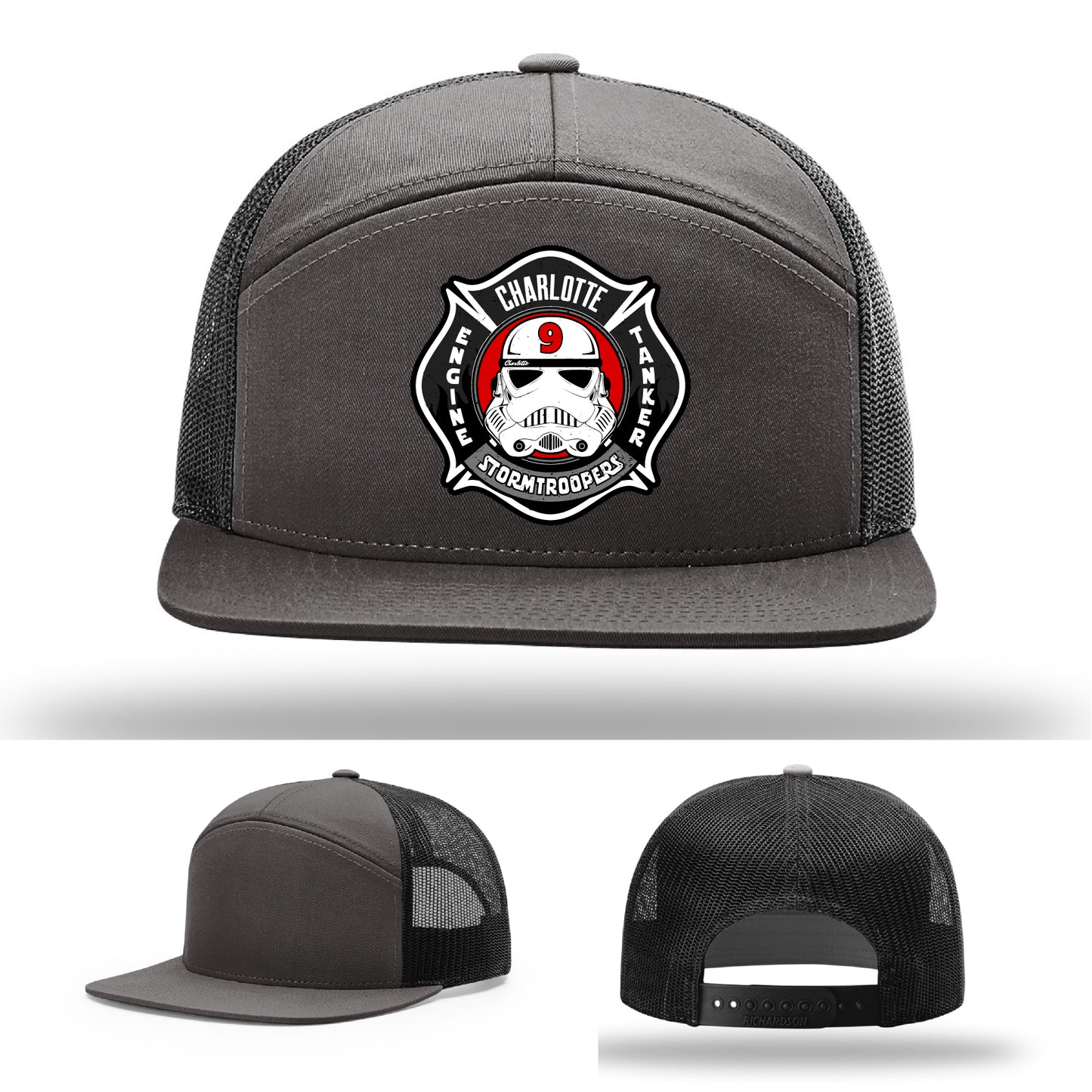 Custom Charlotte Station 9 firefighter hat with leather detail