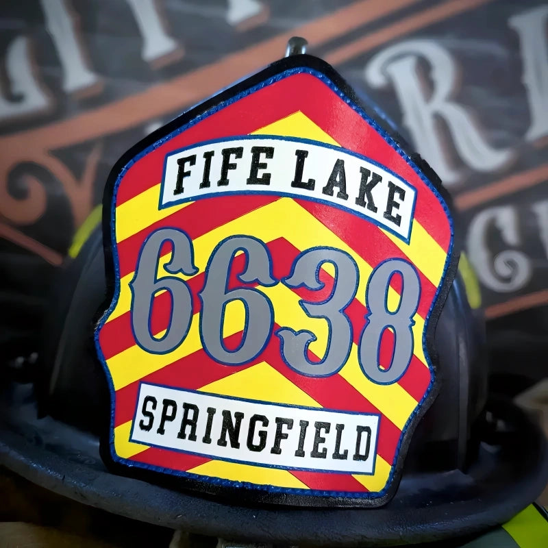 Chevron style firefighter helmet front crafted in leather for rank and company