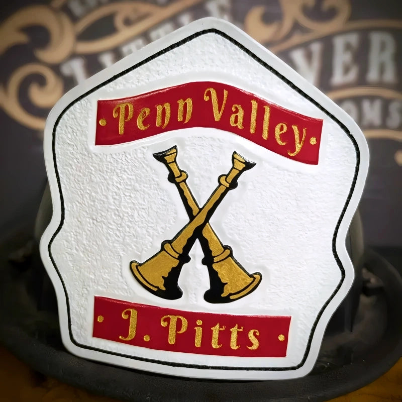 Custom leather officer shield firefighter helmet bugle front