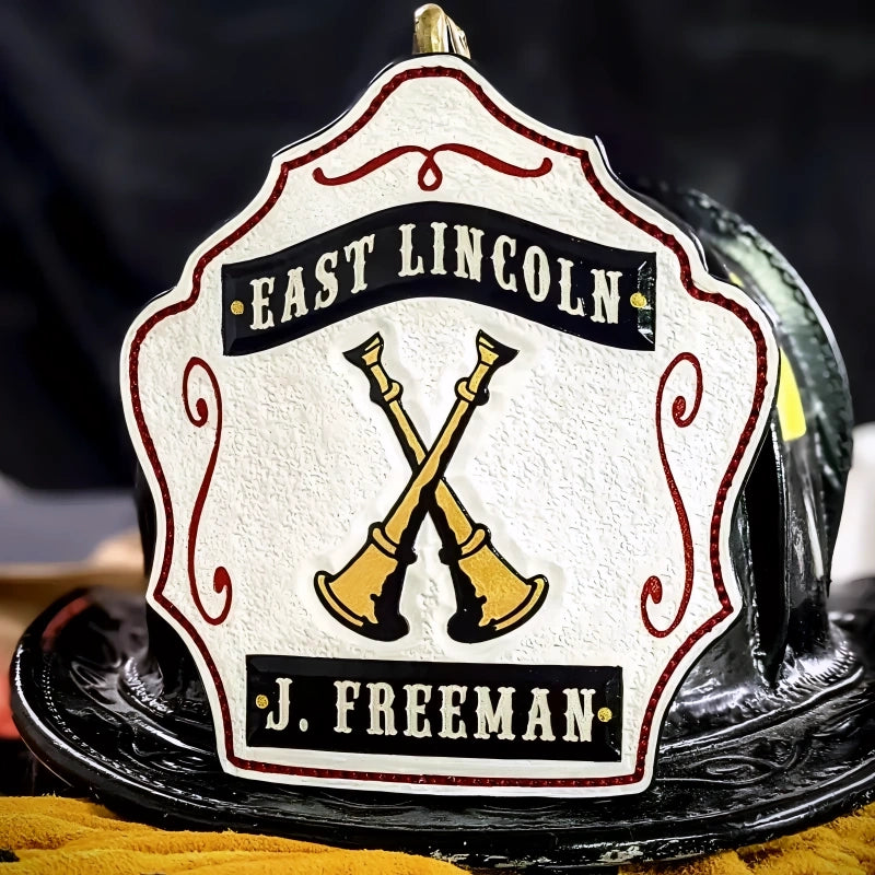 Officer helmet front bugle custom leather firefighter shield