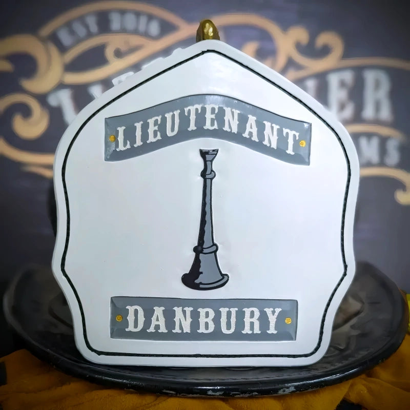 Custom officer bugle firefighter helmet front handmade leather