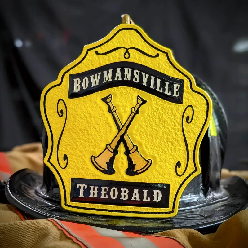 Leather firefighter officer helmet front with bugles and rank details