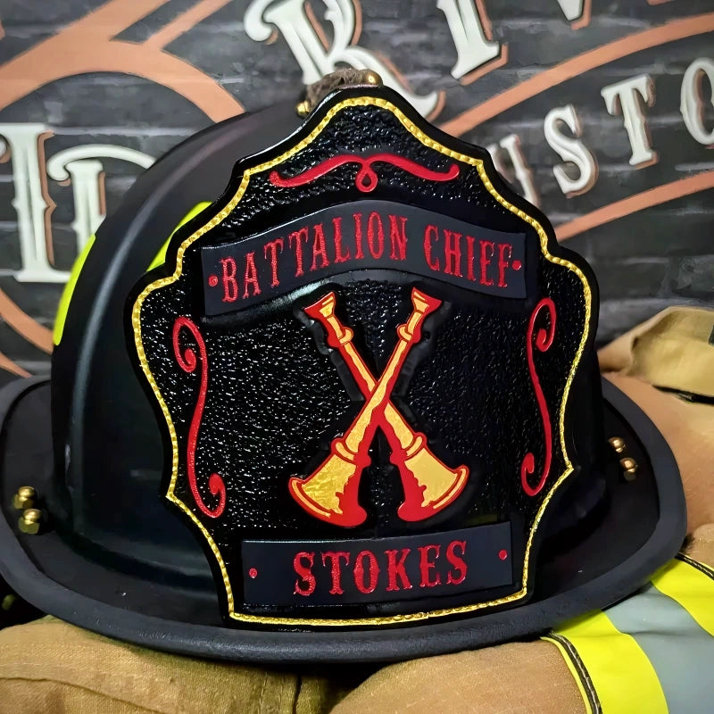 Firefighter chief helmet shield crafted from durable leather front
