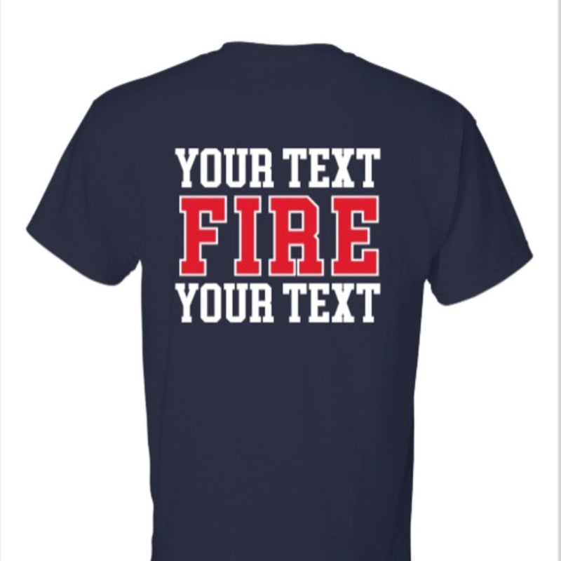 Closeup of print details on custom firefighter duty shirt