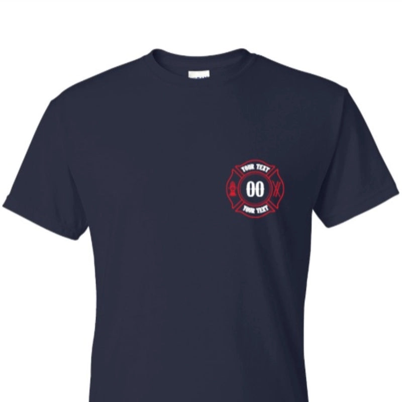 Folded custom firefighter duty shirt showing fabric and logo