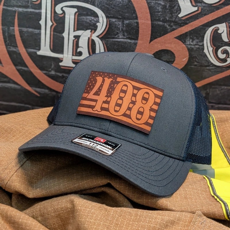 Firefighter station hat with custom flag leather patch