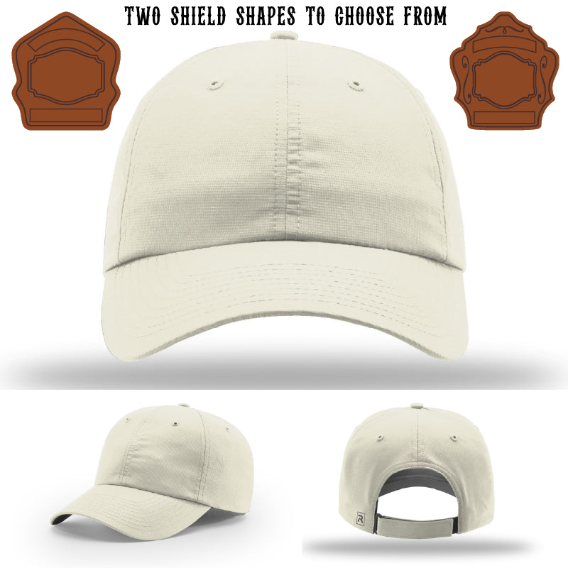 Custom firefighter hat displaying two shield patch examples