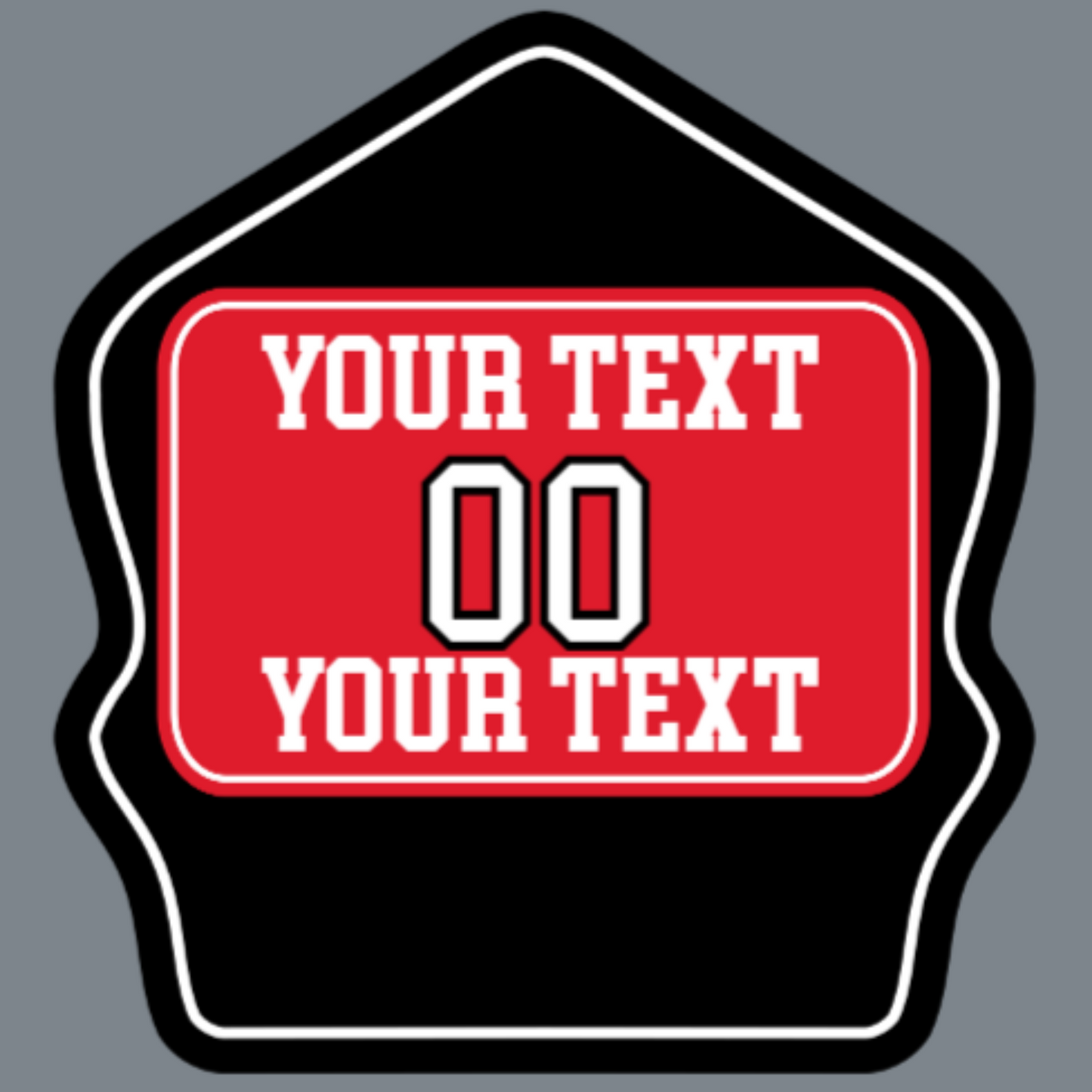 Custom passport-style firefighter helmet shield featuring a traditional layout with center number, name, and optional rank or assignment line