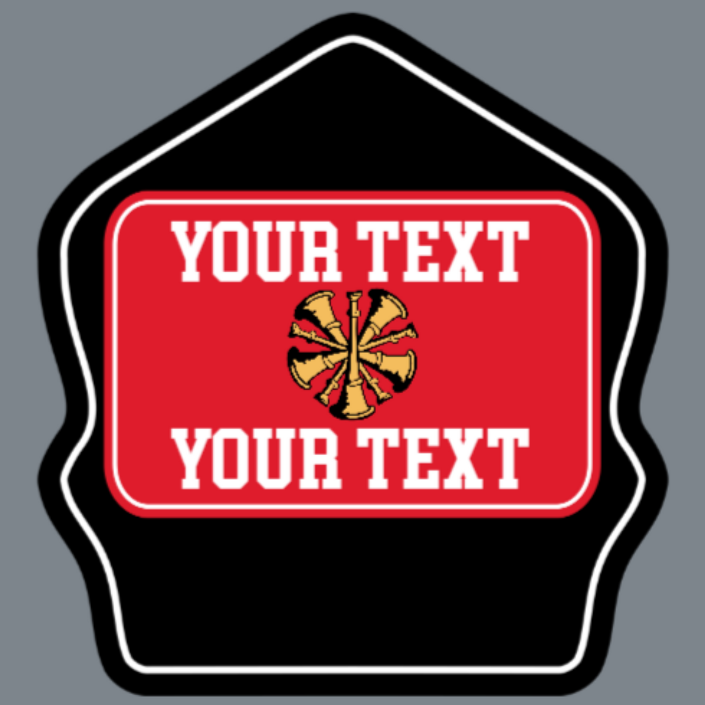 Custom passport-style firefighter helmet shield featuring a traditional layout with center number, name, and optional rank or assignment line