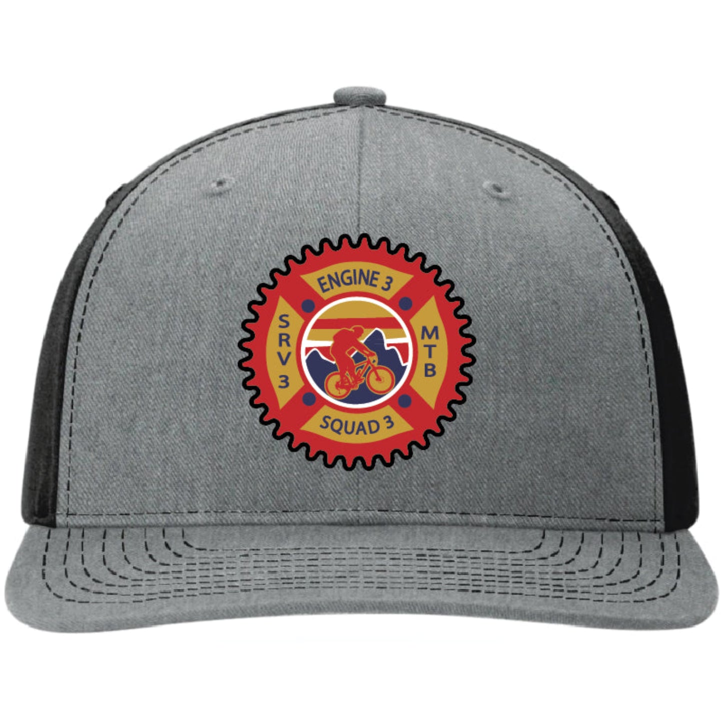 Custom Richardson hats featuring full color leather patches designed for multiple Bentonville Fire Department trucks and crews