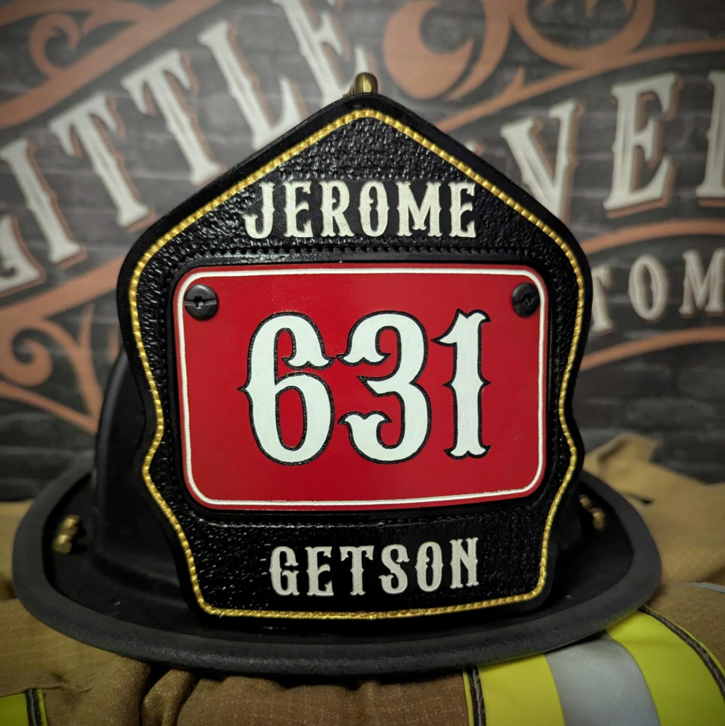 Custom firefighter passport helmet shield featuring bold leather design for engine or truck assignments