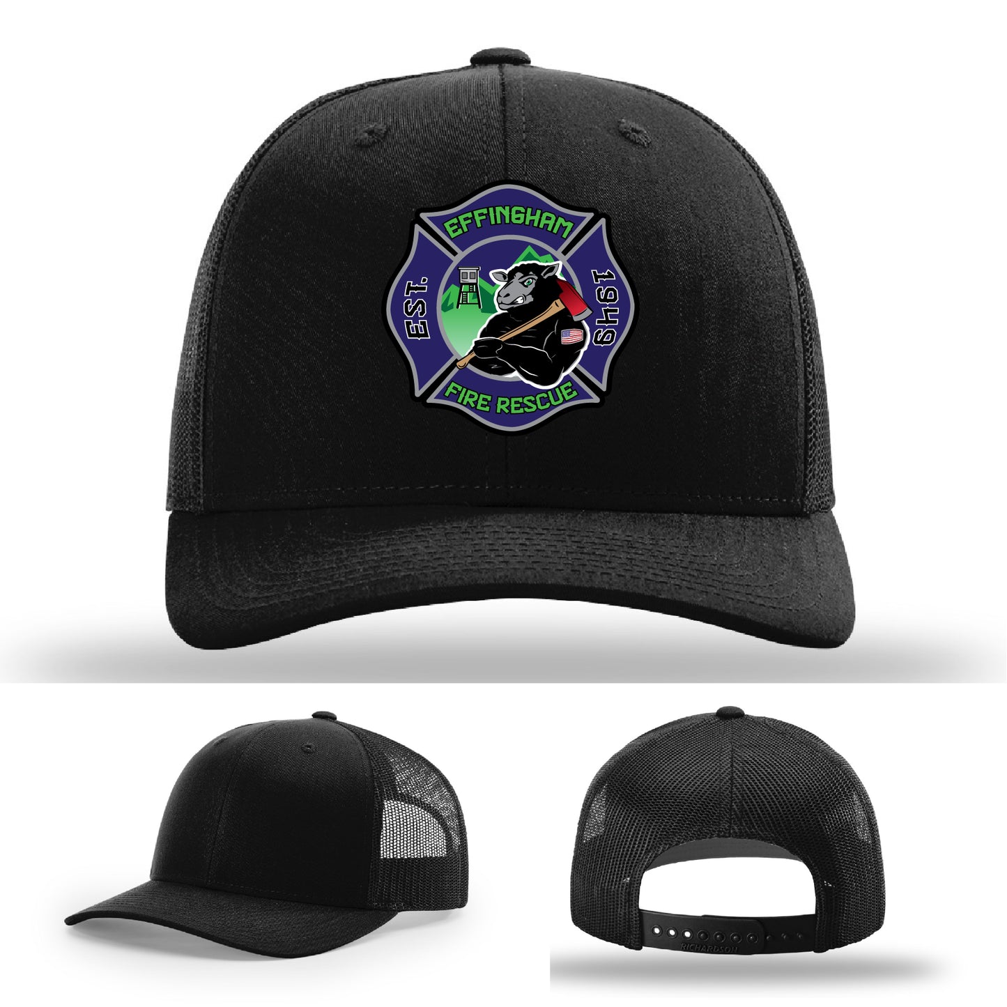 Custom Effingham Fire Rescue firefighter hat with leather patch