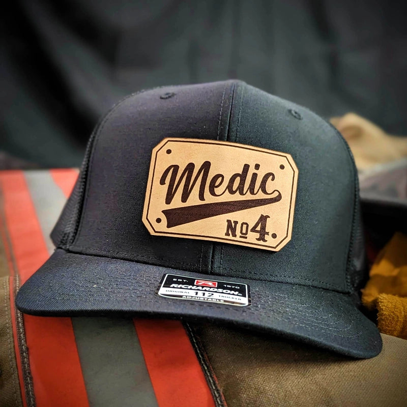 EMS hat with genuine leather patch and personalized text