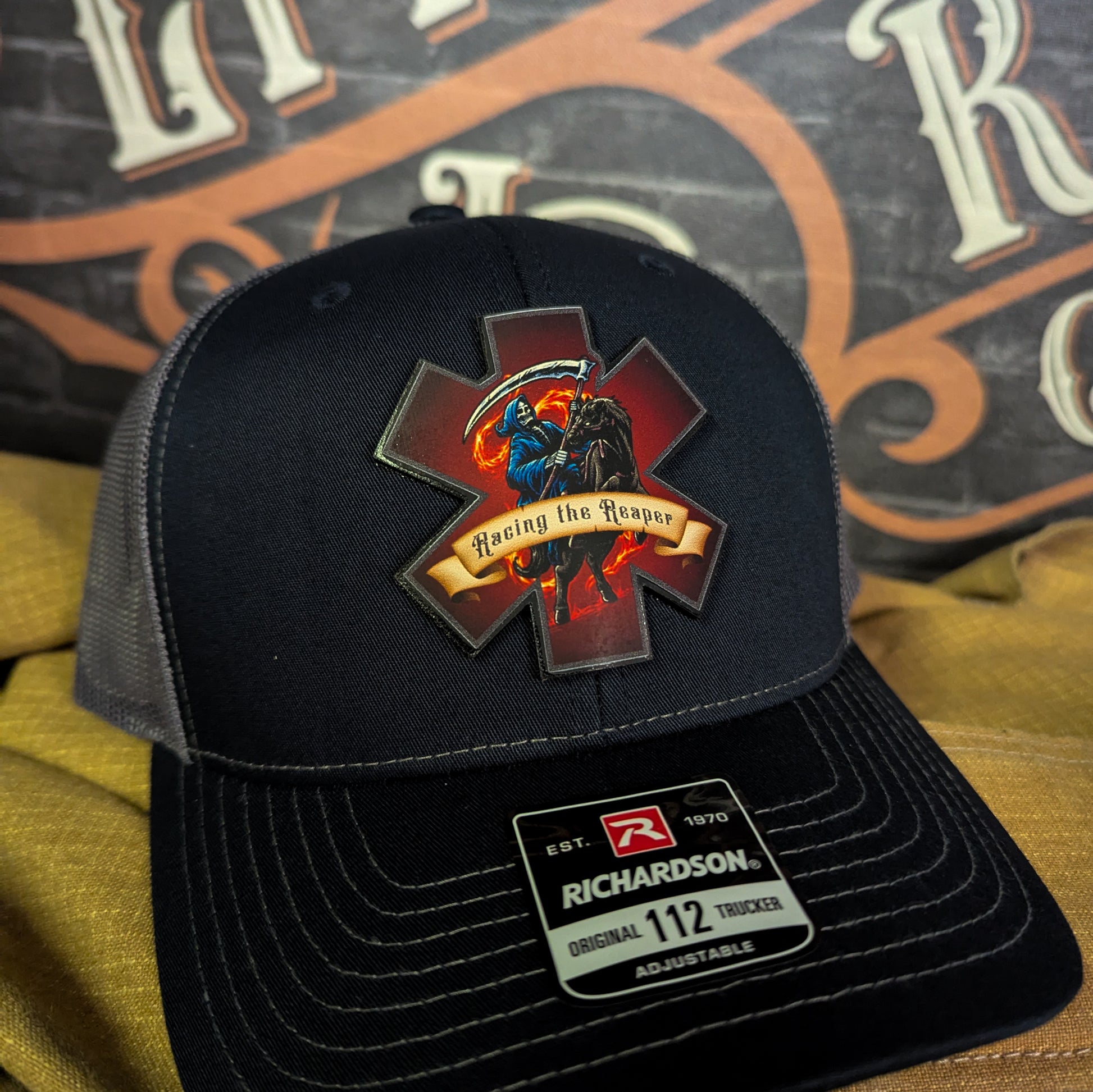 EMS Reaper Leather Patch Hat with bold leather patch reaper graphic built for EMTs and paramedics