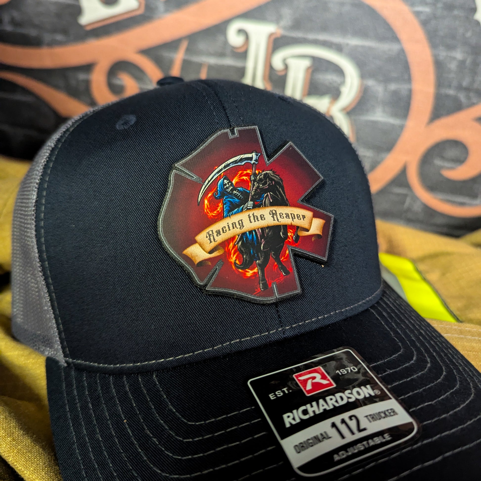 Fire and EMS Reaper Leather Patch Hat with full color design featuring Maltese Cross and Star of Life