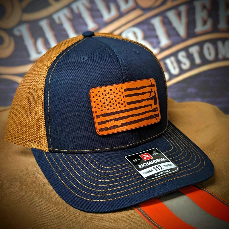 Fire Tools Flag Leather Patch Hat with American flag and firefighter tools design