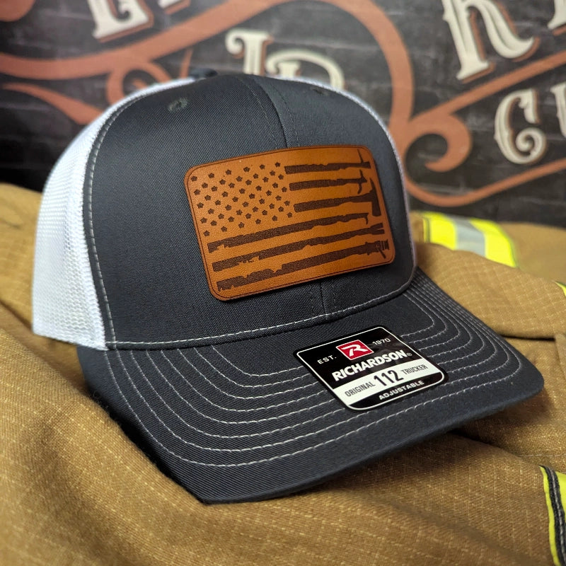 Patriotic Fire Tools Flag Firefighter Hat crafted with genuine leather patch