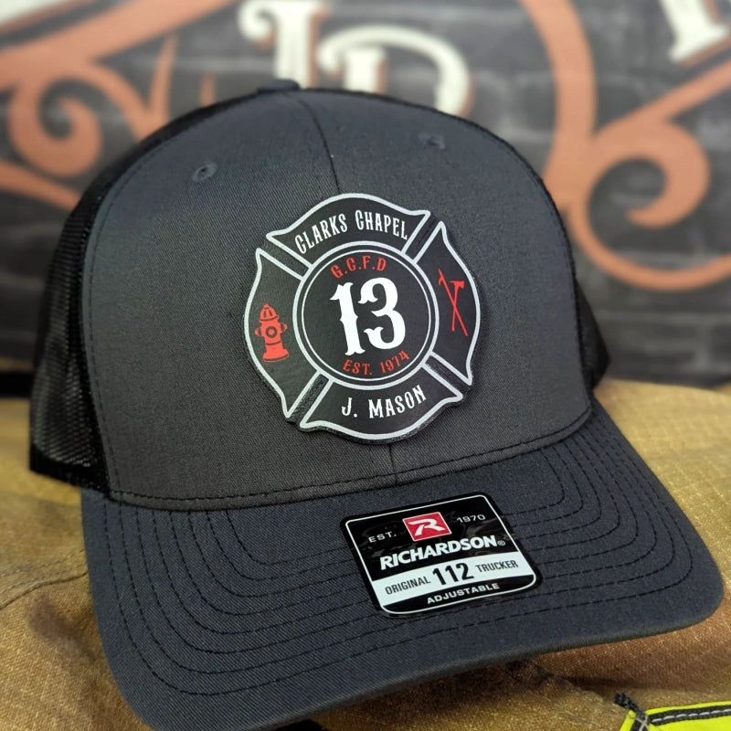 Custom firefighter hat featuring full color Maltese Cross emblem