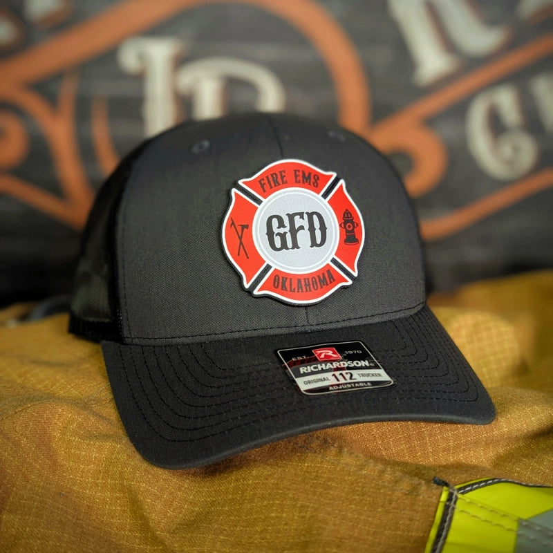 Firefighter hat featuring genuine leather full color Maltese Cross