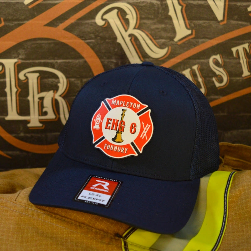 Leather patch firefighter hat with bold full color Maltese Cross