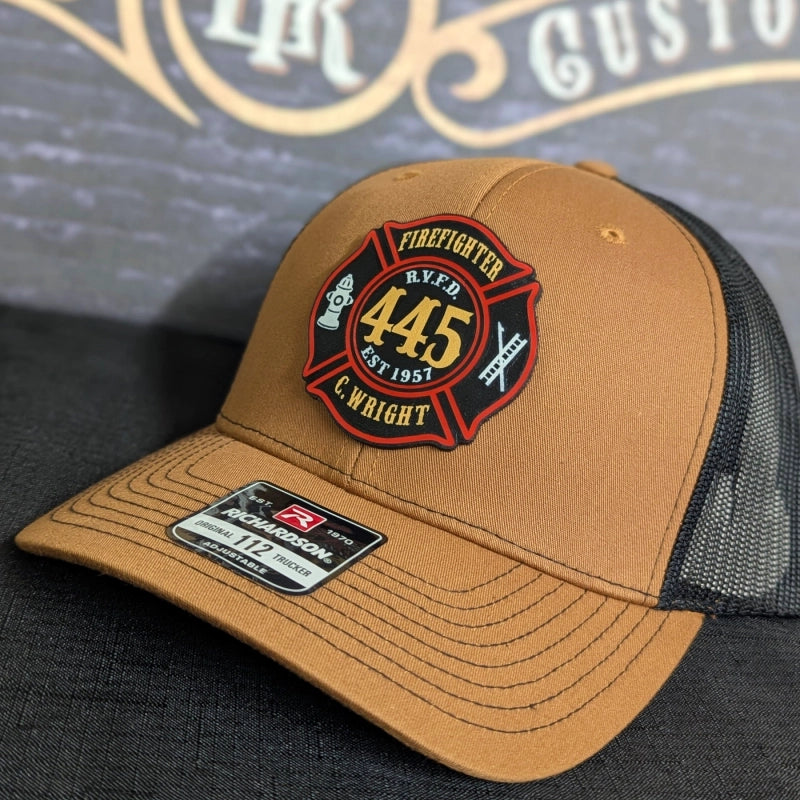 Custom firefighter gear hat with full color Maltese Cross design