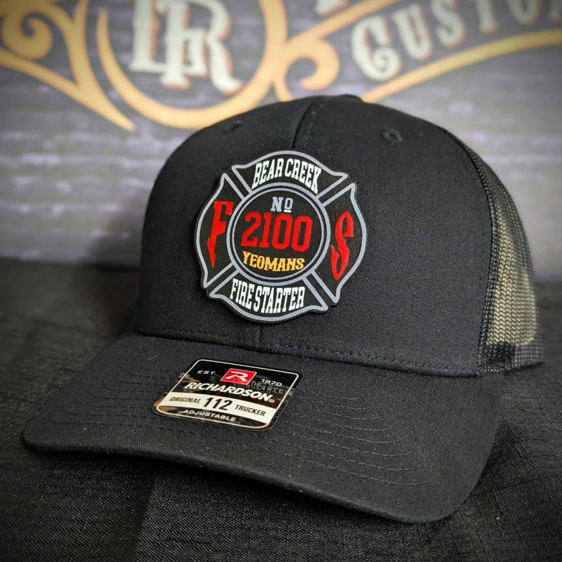 Custom firefighter hat with Maltese Cross leather patch in full color