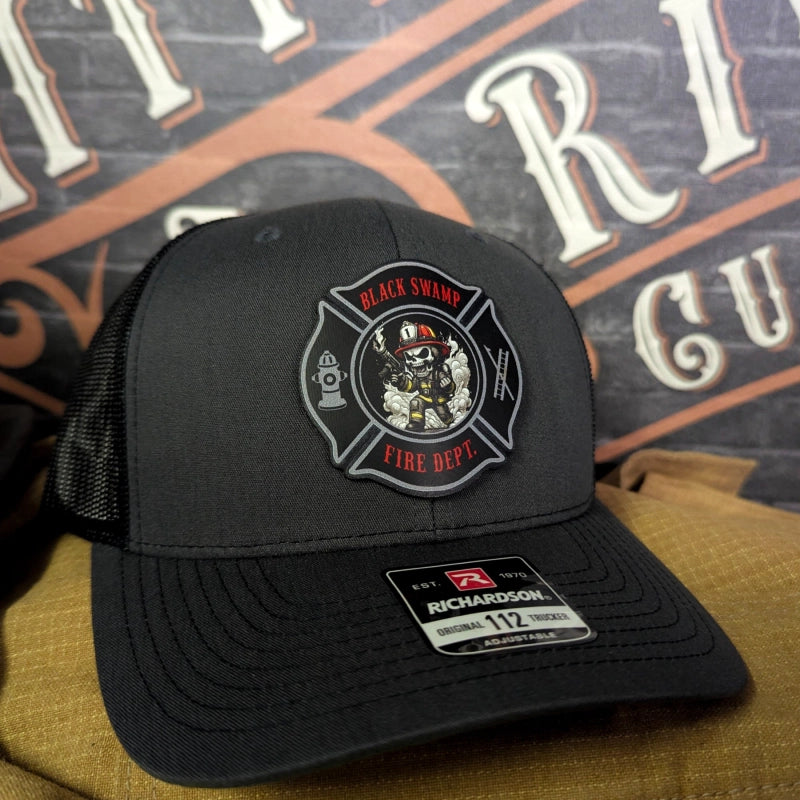 Leather firefighter hat with Maltese Cross patch in color